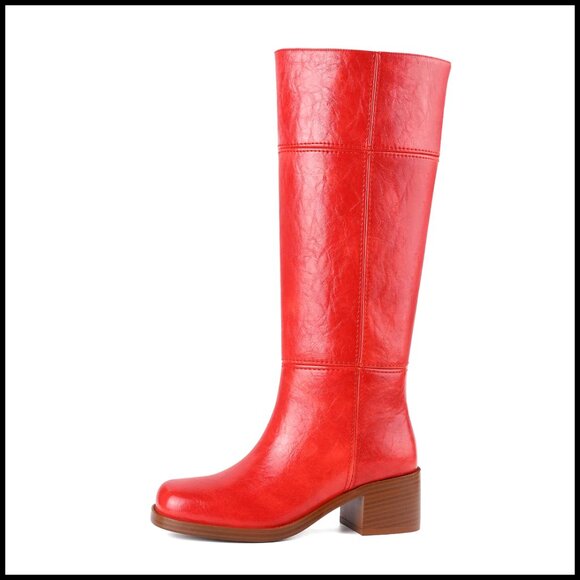 Women's Knee High Boots Square Toe Chunky Heel Pull On Mid Calf